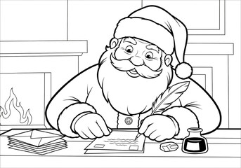 Santa Claus writing Christmas letters by fireplace coloring page
