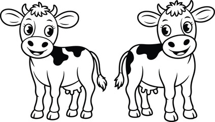 Cute cartoon cow line art illustration, black and white farm animal drawing for kids coloring book and educational design
