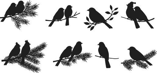 Black bird silhouettes perched on branches, romantic couple birds, singing sparrows, nature love concept, minimalist vector art for decoration