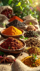 Fototapeta premium Vibrant Turmeric, Chili, and Peppercorn Spices in Rustic Bowls with Golden Sunlight and Greenery.