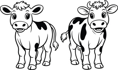 Cute cartoon cow line art illustration, black and white farm animal drawing for kids coloring book and educational design