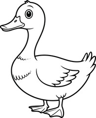 Cute cartoon duck line drawing, simple black and white duck illustration for kids, farm animal coloring page, printable art
