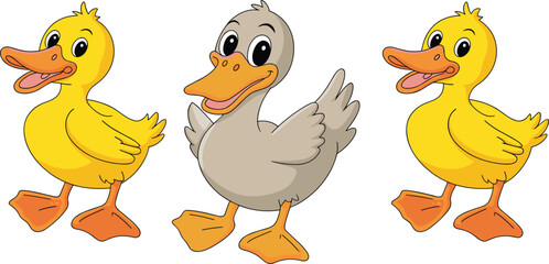 Cute cartoon ducklings illustration, funny baby ducks, black and white coloring page, yellow duck characters, animal kids art, nursery design, vector