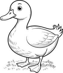 Cute cartoon duck line drawing, simple black and white duck illustration for kids, farm animal coloring page, printable art