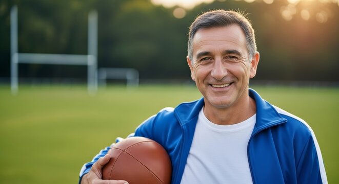 Smiling coach holding football on field, ready for a winning season, inspiring teamwork and dedication with a bright, positive attitude outdoors