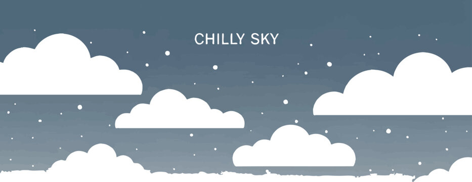 Winter sky with fluffy clouds and falling snow creating a chilly atmosphere