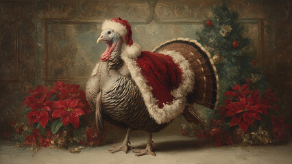  Christmas Turkey (Meleagris gallopavo) in Santa Cape with Holiday Decorations and Painting Texture