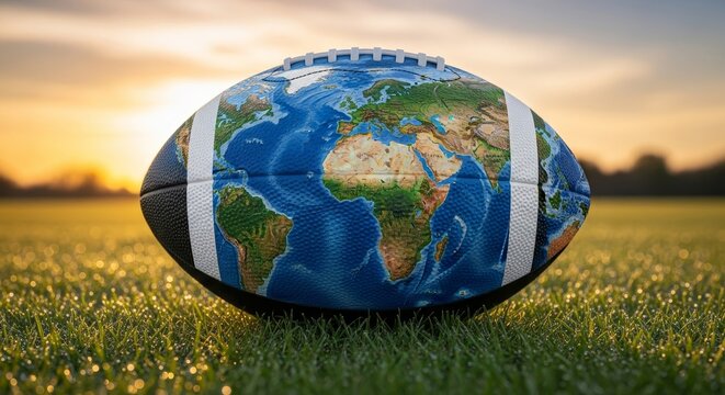 Global football concept with world map design on ball sitting in dew covered grass at sunrise, perfect for sports, environment, and unity campaigns