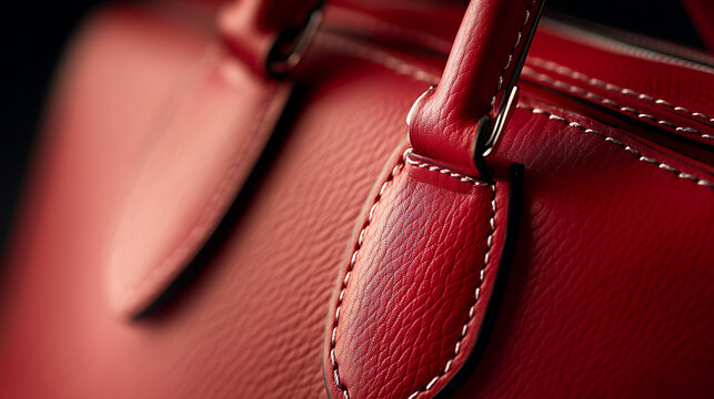 A detailed close-up showcases the intricate stitching and rich texture of a vibrant red leather handbag, highlighting its craftsmanship and elegant design. The lighting adds depth.
