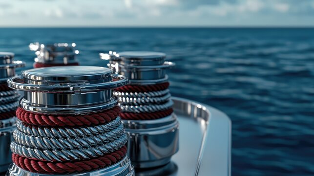 Shiny winches on a yacht deck, overlooking calm ocean waters under a clear sky during a sunny afternoon