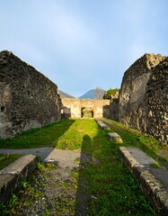Ancient ruins, long shadows, clear sky