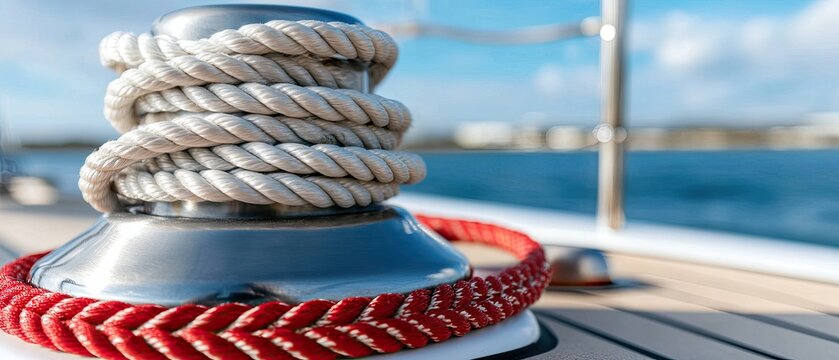 Close-up of a sailing yacht's winch with ropes on a sunny day at the marina surrounded by calm water and distant buildings