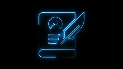 Neon blue outline of a book with a profile icon and writing quill on black background representing education