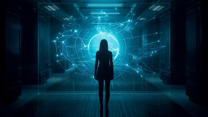Silhouette of a woman standing in a digital data center surrounded by glowing blue network connections and futuristic virtual technology sphere - Powered by Adobe