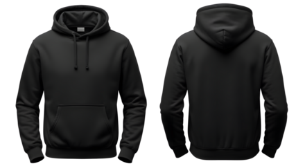 Black hoodie isolated on transparent background, front and back view mockup , ai generated image