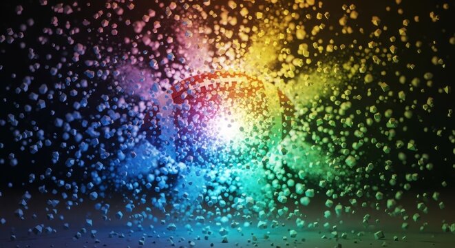 Colorful 3D rendering of an American football with vibrant dynamic particles exploding around it, perfect for sports marketing and team spirit campaigns