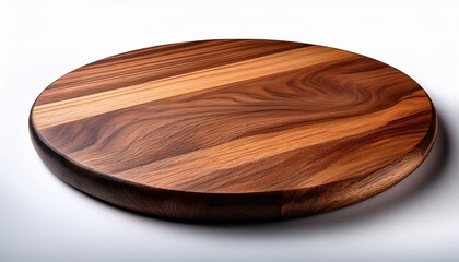round wood cutting board dark brown grain pattern elegant kitchen serving on white background