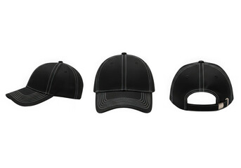 Three views of a black baseball cap from different angles product shot transparent background