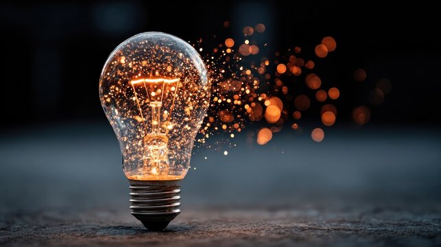 A glowing light bulb emitting a golden glow with sparkles against a dark background. - Powered by Adobe