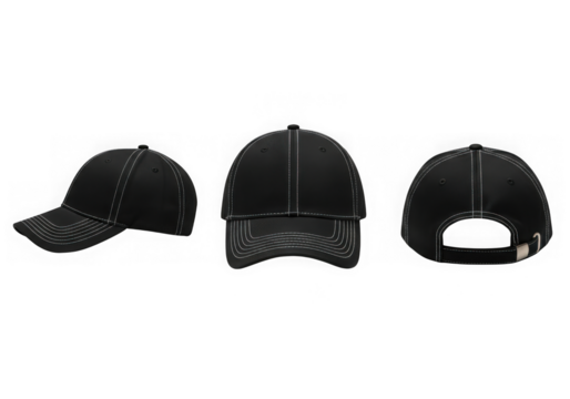 Three views of a black baseball cap from different angles product shot transparent background