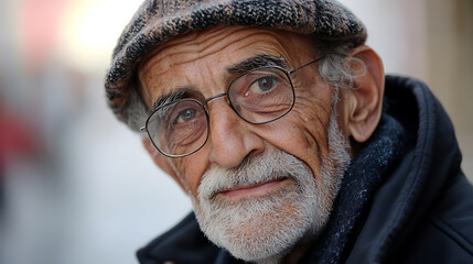 This is a portrait of a man wearing a hat and glasses. He has white hair and a white beard. The man is outdoors. He is wearing a jacket. His expression is friendly.