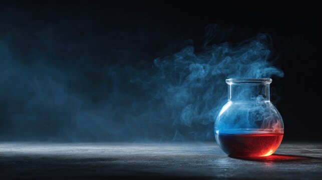A glass beaker with red and blue liquid, emitting smoke, on a dark background.