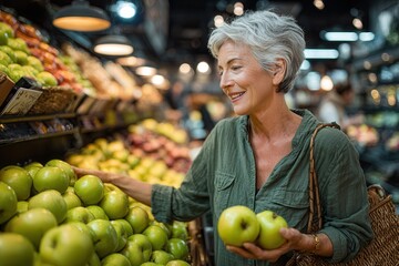 A woman chooses apples in a supermarket