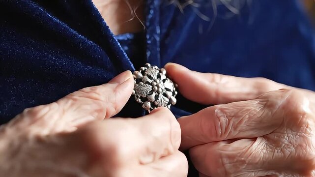 Senior woman fastens an ornate clasp on a blue velvet cloak close-up of hands and vintage jewelry detail shot