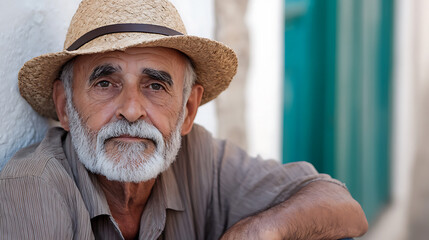 Fototapeta premium An elderly man with a weathered face, wearing a straw hat, sits pensively against a textured wall, his gaze capturing the essence of a life filled with stories.