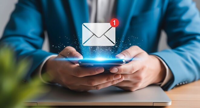 Man in blue suit holding smartphone with glowing email notification icon above it