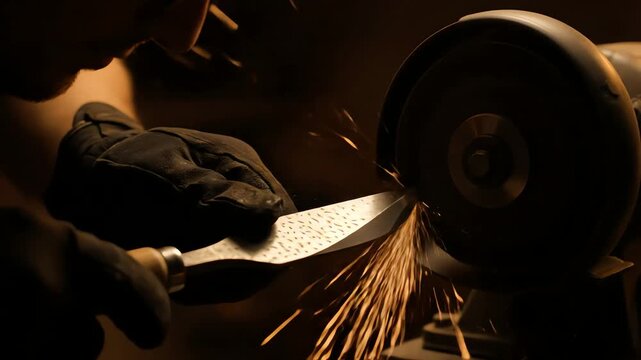 Sharpening Metal Tool on Grinder with Sparks Flying in Workshop