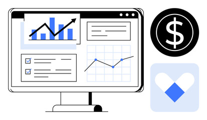 Computer screen displaying charts, graphs, and data with a dollar sign and app logo. Ideal for finance, analytics, investment, business strategy, marketing technology and growth. Simple flat