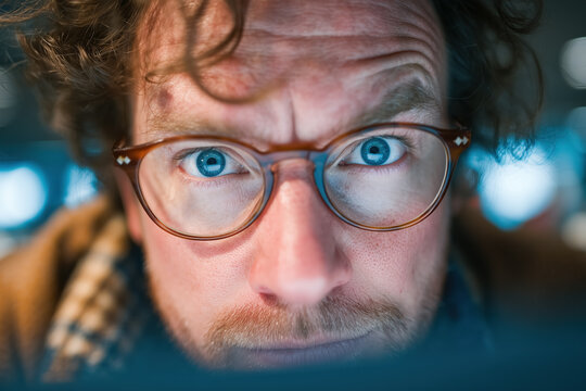 Intense close-up of curious adult man with glasses and blue eyes staring