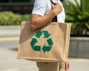 Person carrying an eco-friendly reusable bag with a green recycle logo, promoting sustainability and waste reduction.