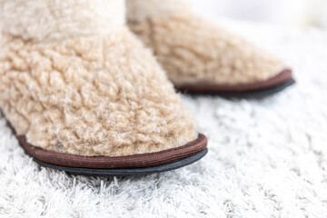 A pair of warm, textured woolen slippers on a soft white rug for comfort, coziness, and relaxed home living. Lifestyle and winter comfort.