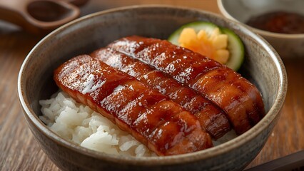A realistic image of a donburi bowl filled with tender grilled eel (unagi), glazed with a rich, sweet-salty tare sauce.