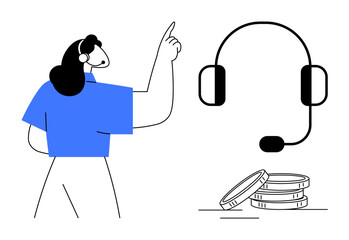 Woman in headset pointing upward beside headset and coin stack. Ideal for customer service, business growth, call center, consulting, remote work, communication, financial success. Simple flat
