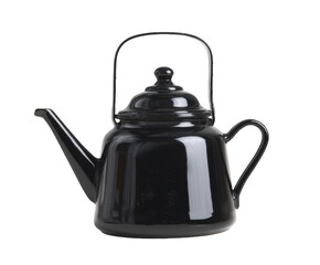 Glossy Black Enamel Teapot with a Handle and Spout Keywords: teapot, tea, kettle isolated on a transparent background