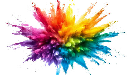 Explosion of colorful powder clouds creating abstract rainbow energy burst. Vibrant explosion of colorful holi paint powder in the air, creating a rainbow effect against a white background.
