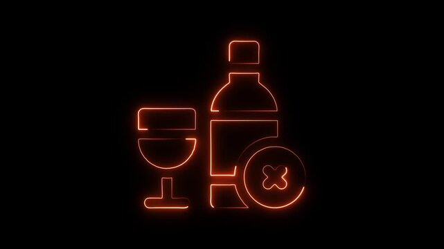 Glowing orange neon outline of a wine bottle and glass with a prohibition symbol indicating no alcohol or restricted