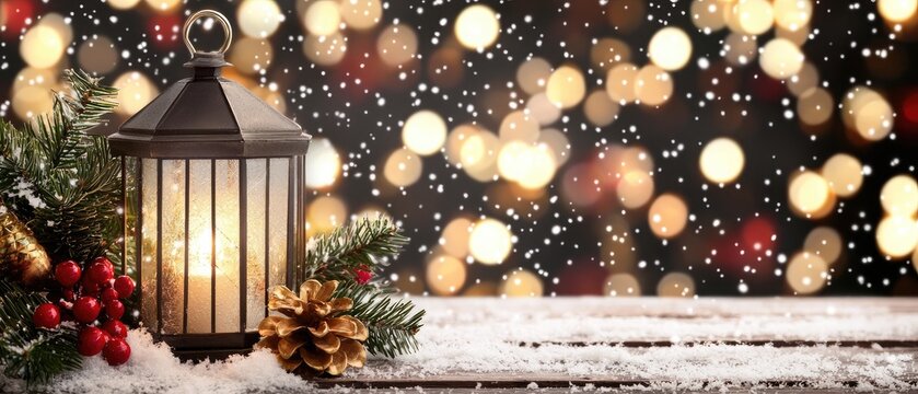 Warm festive lantern illuminating a snowy winter scene with holiday decorations and soft glowing lights in the background