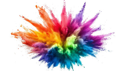 Explosion of colorful powder clouds creating abstract rainbow energy burst. Vibrant explosion of colorful holi paint powder in the air, creating a rainbow effect against a white background.