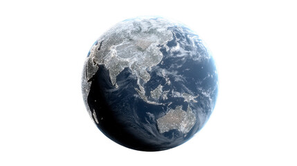 Earth globe Asia view showing detailed continents blue ocean white clouds and illuminated city lights at night representing global connection environment and geography