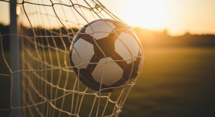 Naklejka premium Dynamic soccer goal at sunset embodies passion and skill, perfect for sports marketing, fitness campaigns, and inspiring athletic achievement