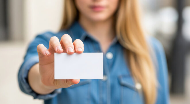 Young woman holding blank business card in front of her, showcasing professional identity and branding potential in a modern environment - Powered by Adobe