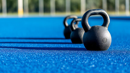Fototapeta premium Three kettlebells lined up on a textured blue surface, casting shadows. Fitness and strength training are the themes. Focus on wellness. Outdoor gym equipment.