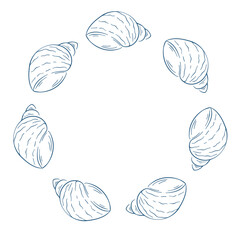 Snail shell circle wreath border in line art style. Ocean and marine theme concept for decoration or frame design.