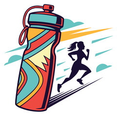 Hydration and Motion &ndash; Water Bottle with Running Figure Vector.  