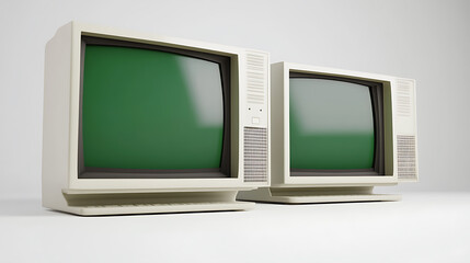 Vintage tech revival: Two old computer monitors with glowing green screens evoke a sense of nostalgia, showcasing early computing technology in a minimalist setting.