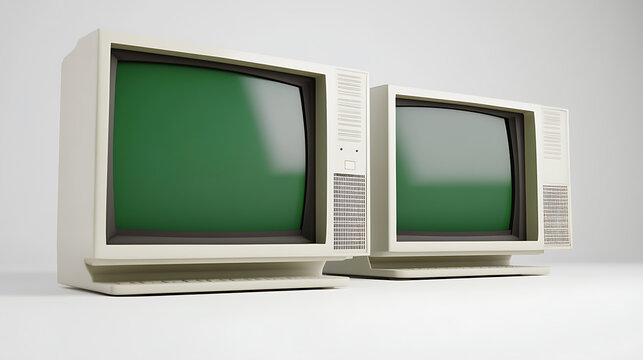 Vintage tech revival: Two old computer monitors with glowing green screens evoke a sense of nostalgia, showcasing early computing technology in a minimalist setting.